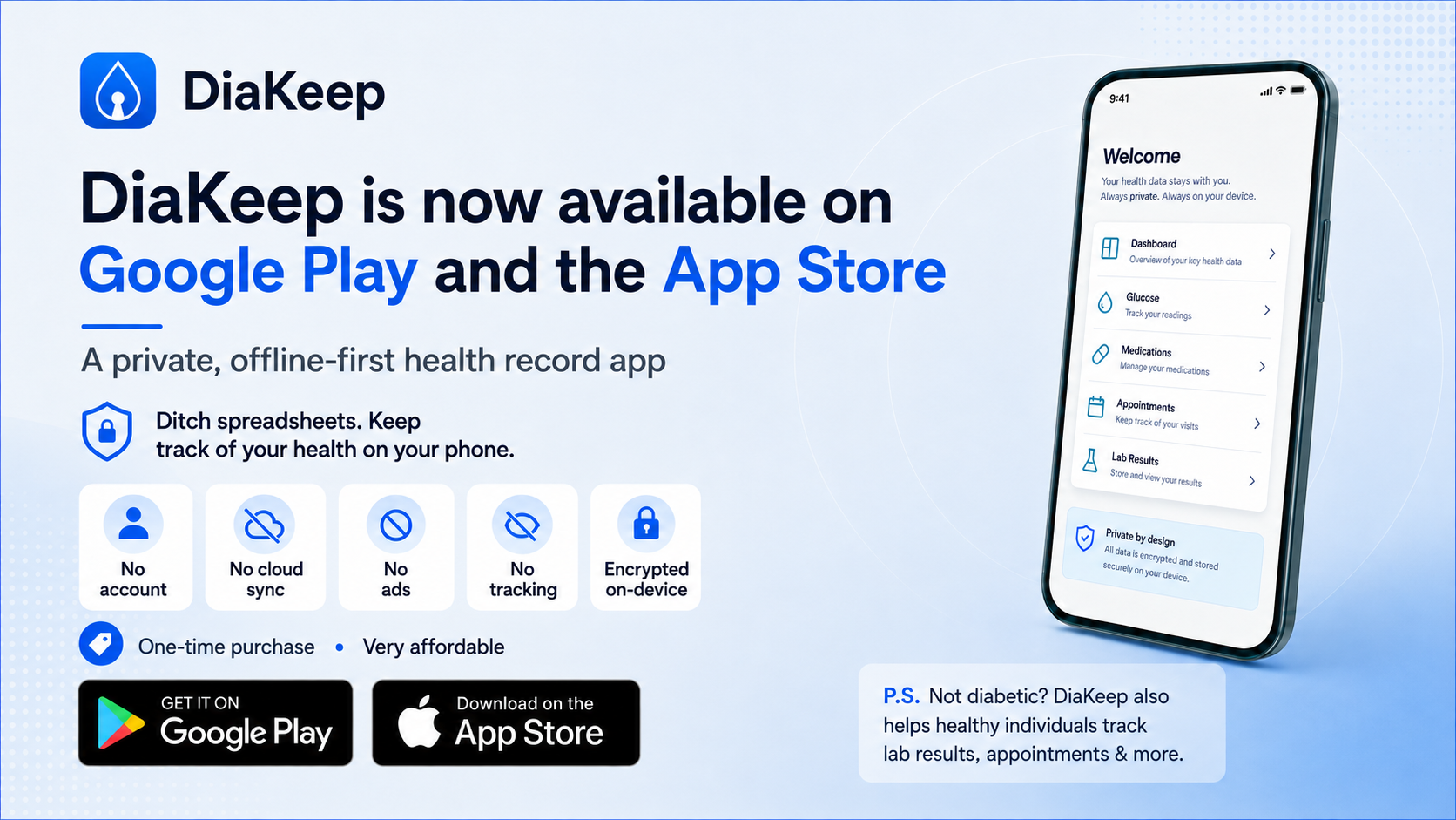DiaKeep app showing the private health record dashboard on a phone